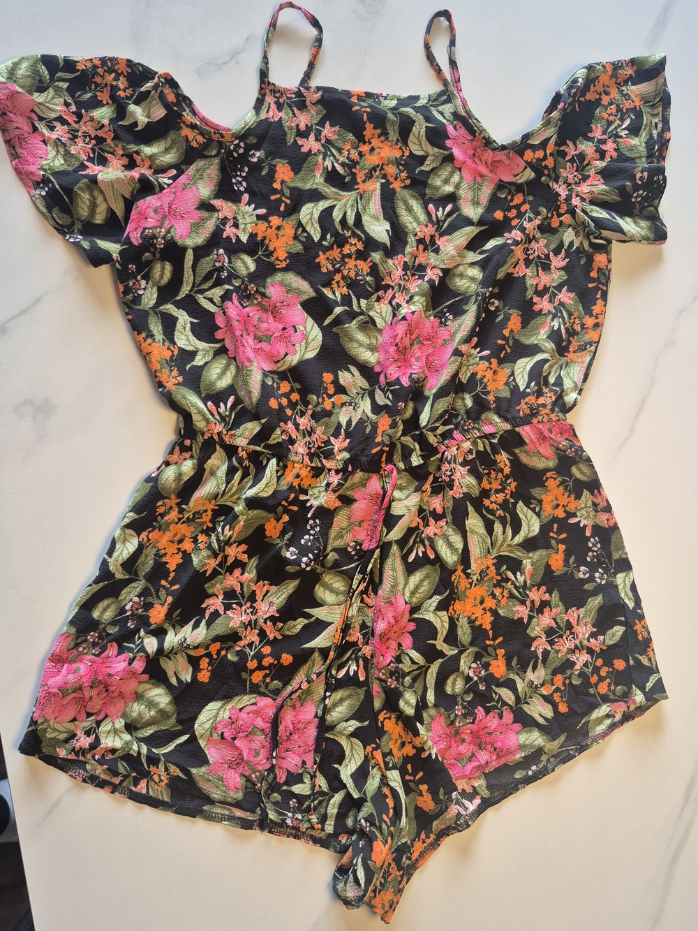 Floral Cold-Shoulder Romper in Black with Pink & Orange Flowers